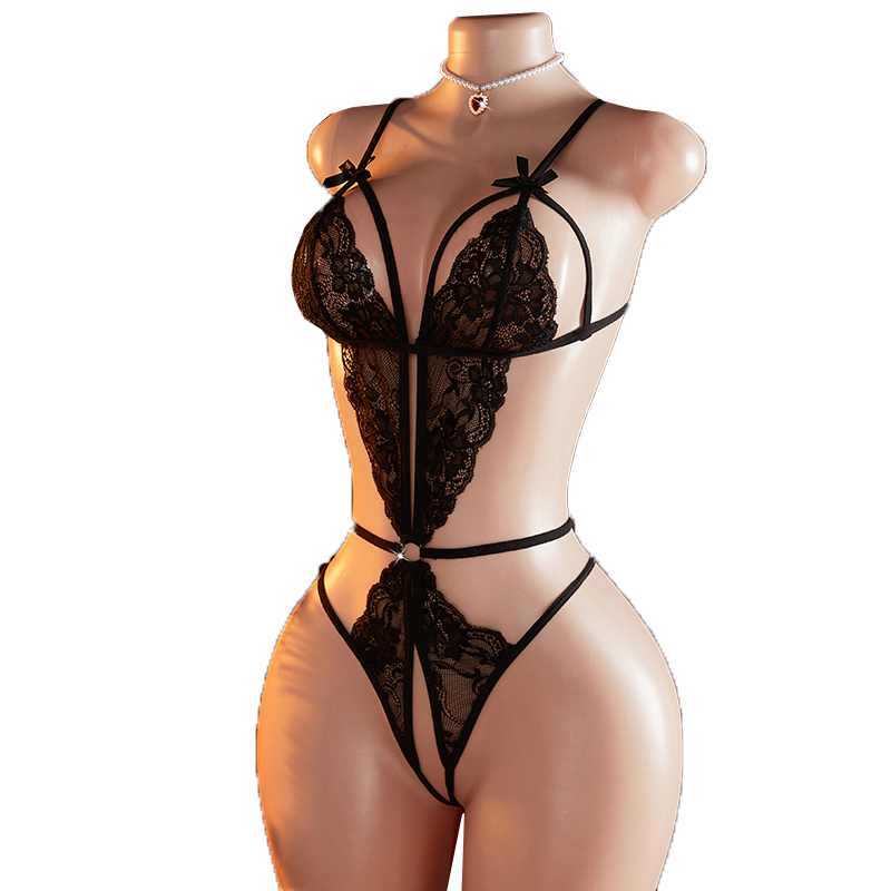 Lace Teddy Lingerie - 透明なセクシーなワンピース中空黒レースランジェリー誘惑エキゾチックなテディ人形ジャンプスーツエロクロッチレスセックス服ボディスーツ