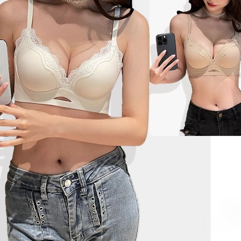 Bralette Wireless Soft - エレガントなマットレースブラレットABカップ、ワイヤレスプッシュアップブラ小胸、ギャザーで垂れ防止、シームレスソフトカップTシャツブラ32-38