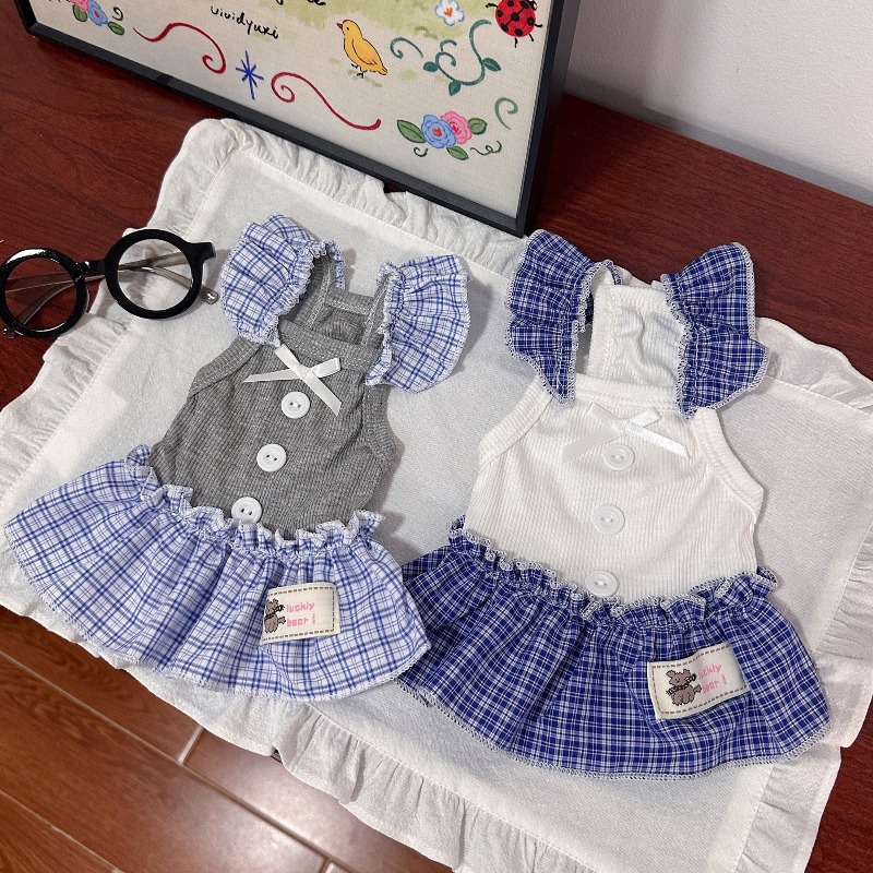Lace Teddy Lingerie - ペットドレス サマーベスト チェック柄レースインスカート 猫用ベスト 小型犬用 テディボウ