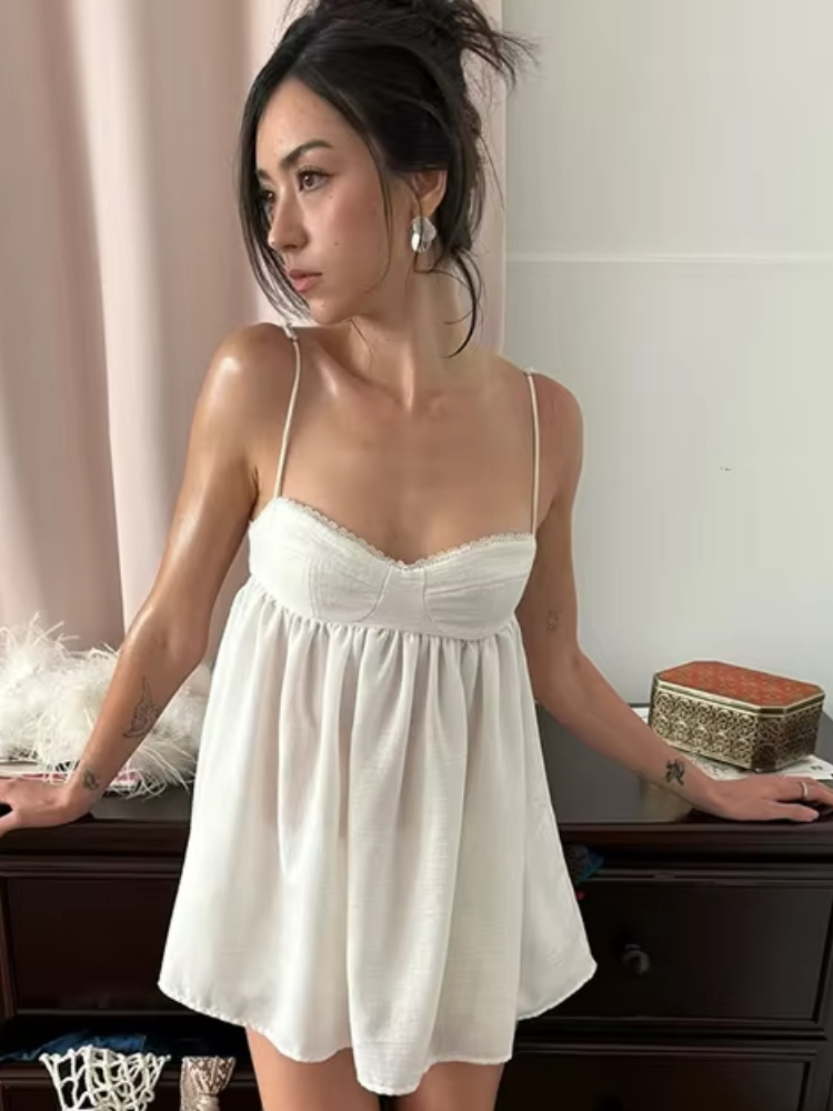 Strapless Bra Backless - Nibber クラシック 2 ピースセット女性用折りたたみスイートレースローネックスナップボタンバックレスキャミソール + ウエストゴムふわふわ裾ファッションパジャマ