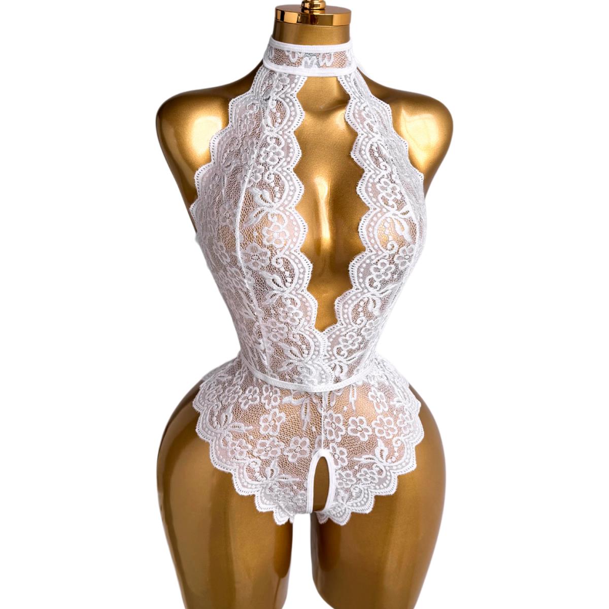 ホワイトホルターネック花柄レーステディランジェリー女性用ディ - Lace Teddy Lingerie のレビューと価格