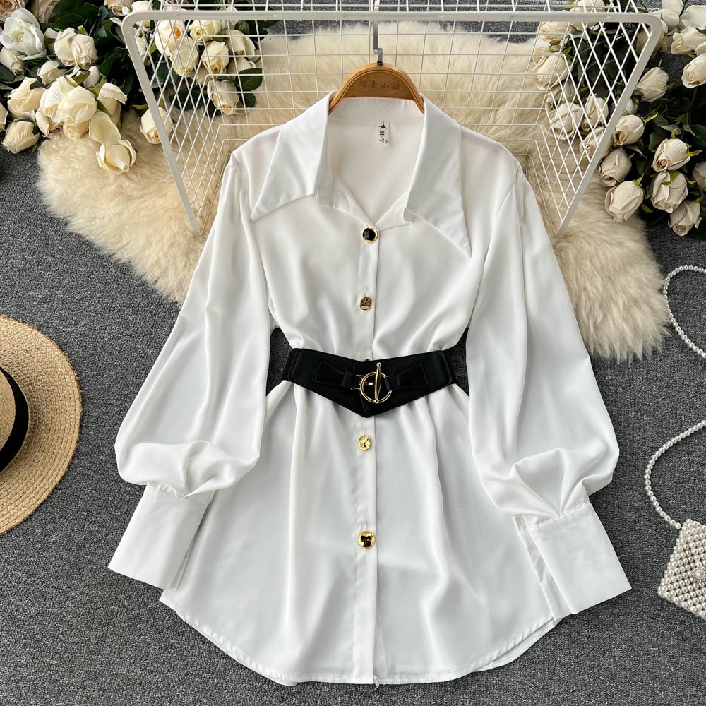 エレガントな長袖ホワイトシャツワンピース レディース ユニー - Corset Waist Cinch のレビューと価格