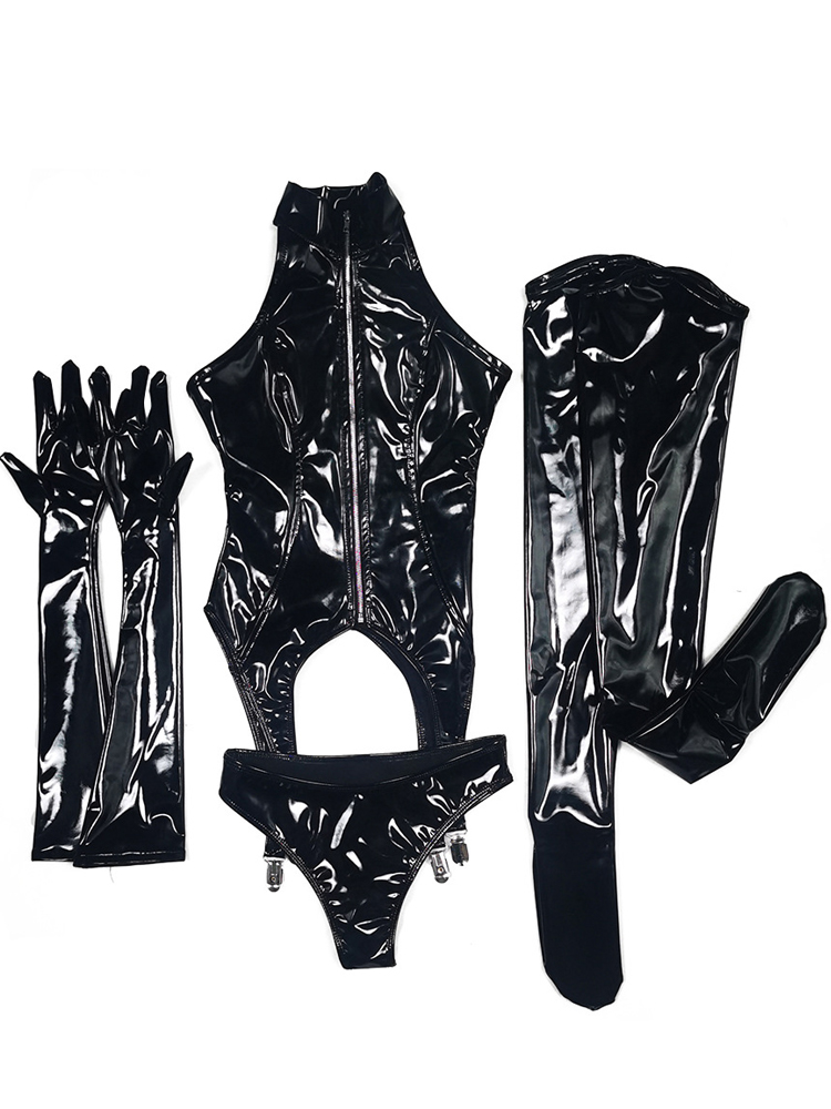 女性のための光沢のあるPUレザーグローブ,セクシーなボディス - Garter Belt Set のレビューと価格