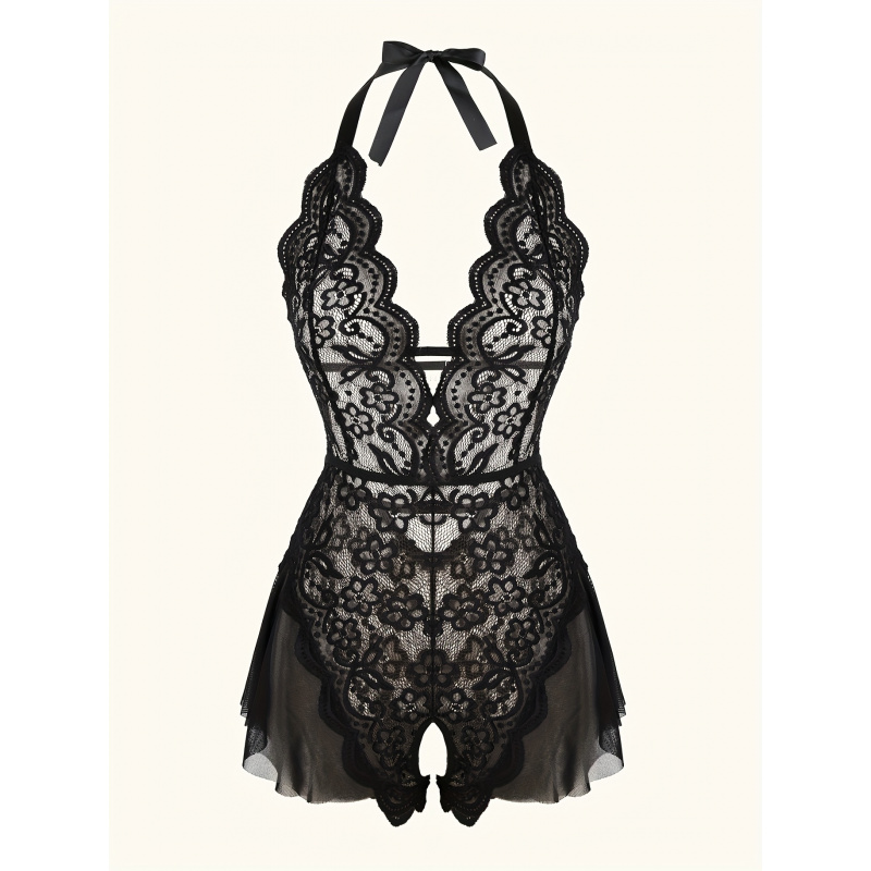 魅力的なレースメッシュテディ、スカラップトリムディープVオー - Lace Teddy Lingerie のレビューと価格