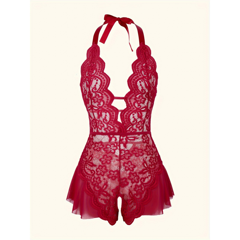 魅力的なレースメッシュテディ、スカラップトリムディープVオー - Lace Teddy Lingerie のレビューと価格